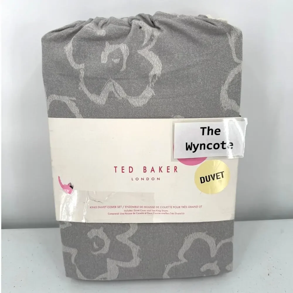 NEW Ted Baker Magnolia Jacquard 3 Piece Floral Gray/White KING Duvet Cover Set
